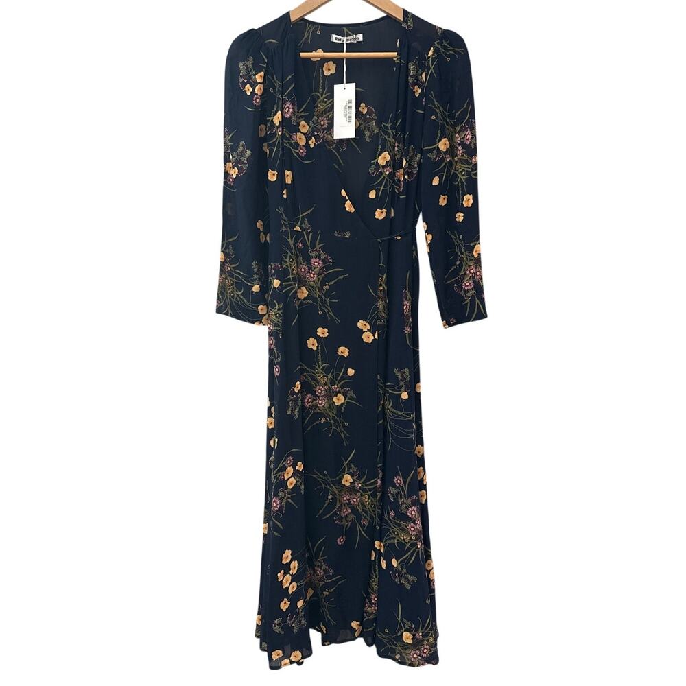 REFORMATION Melba Floral Wrap Midi Dress in Mademoiselle Navy Blue Size Small - Picture 7 of 10